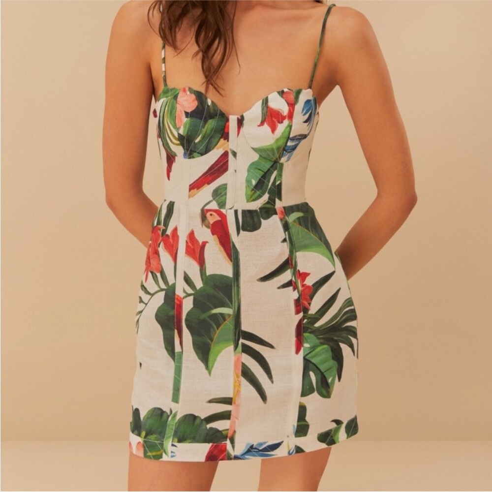 FARM Rio off white Midnight Macaw Fiesta linen Mini Dress medium new with tags